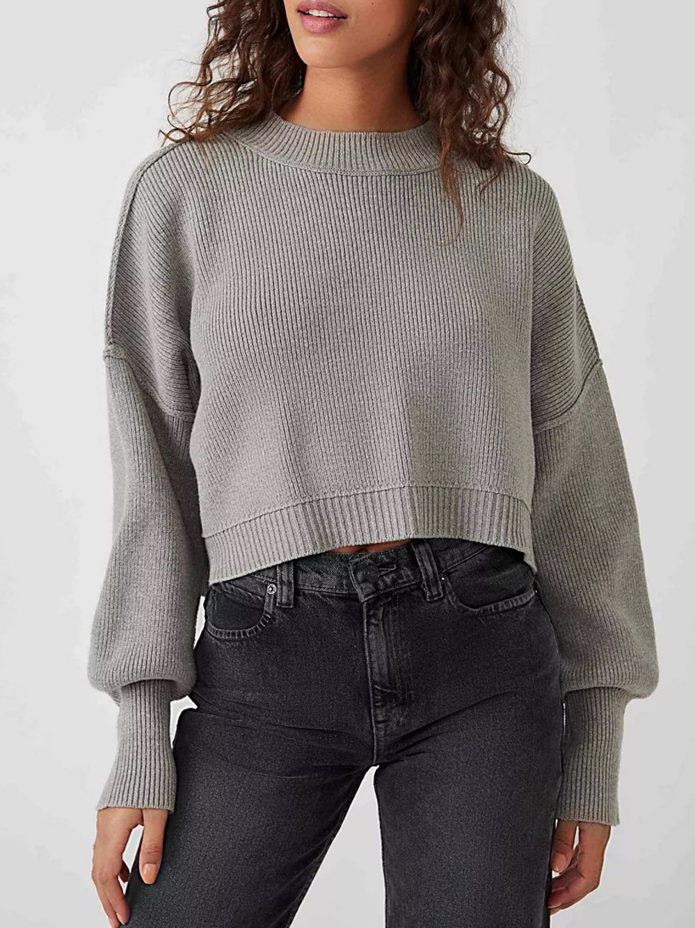 Free People Easy Street Crop Pullover Knit Sweater Grey Small